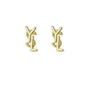 Saint Laurent YSL Monogram Gold Tone Logo Stud Earrings Minimalist